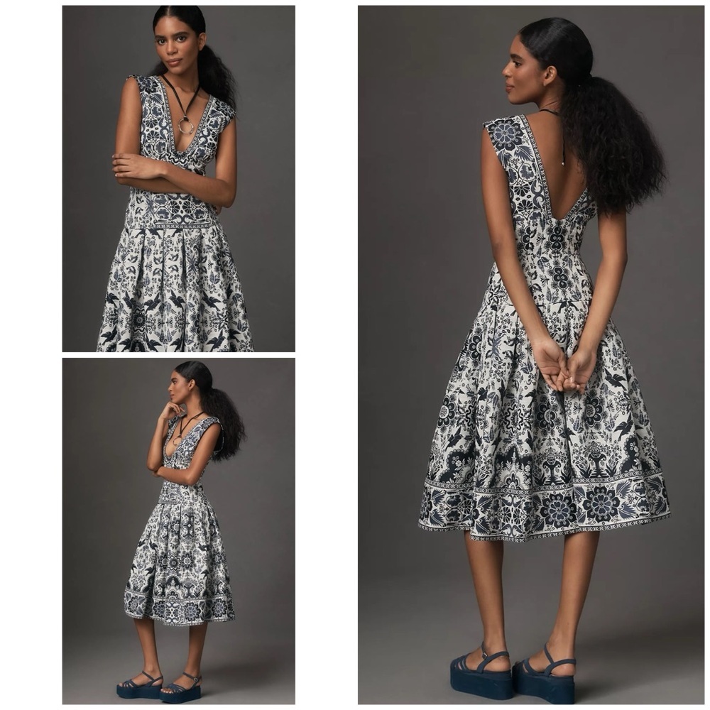 NWT By Anthropologie Floral Birds Jacquard Pattern V-Neck Drop-Waist Midi Dress​